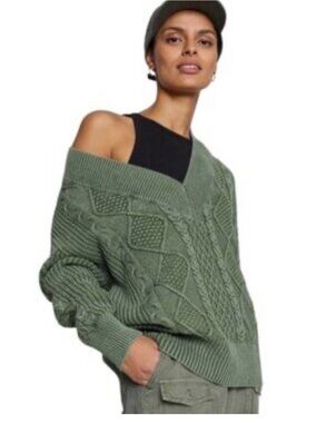 Olive Cable-Knit V-Neck Sweater